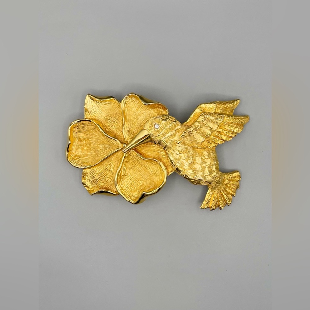 MARGARITA BARRERA Flower Magnolia Hummingbird Belt Buckle, 24k Gold Plated, 1990
